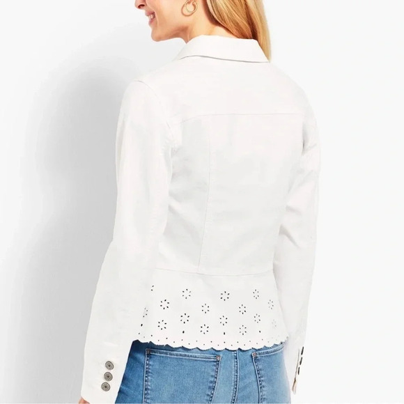 Talbots Eyelet Peplum white-denim jean jacket Sz Medium petite great condition - Picture 2 of 7